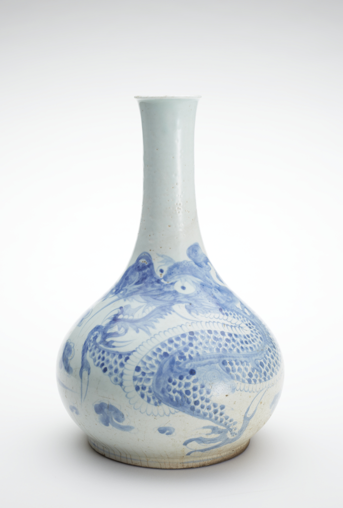 Wine bottle with design of a single dragon chasing a flaming pearl